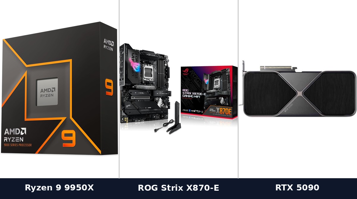 AMD Ryzen 9 9950X, ASUS ROG Strix X870E-E motherboard, and NVIDIA RTX 5090: the parts from this build