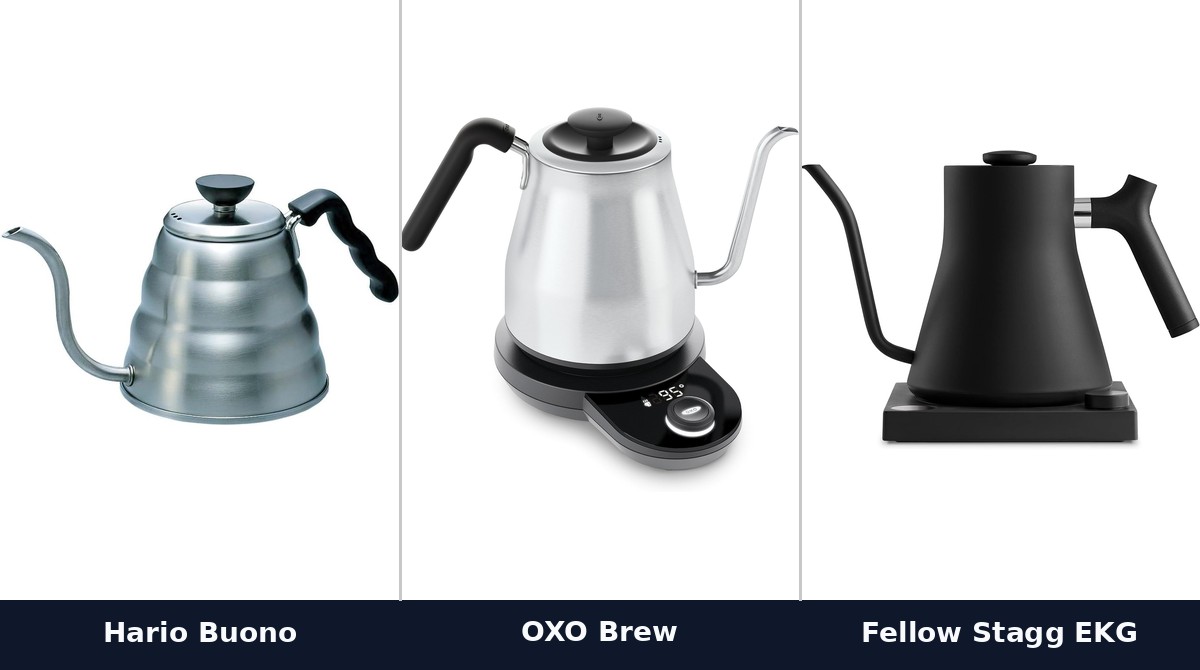 Hario Buono, OXO Brew, and Fellow Stagg EKG gooseneck kettles: three of the picks in this guide