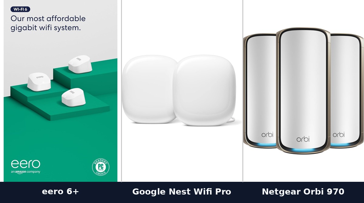 Amazon eero and Netgear Orbi mesh Wi-Fi router units side by side