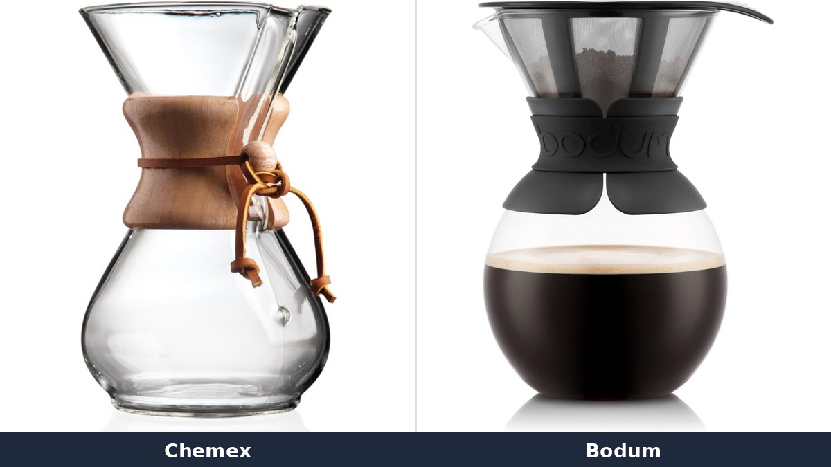Chemex Classic Series 6-Cup next to a Bodum Pour Over Coffee Maker, side by side