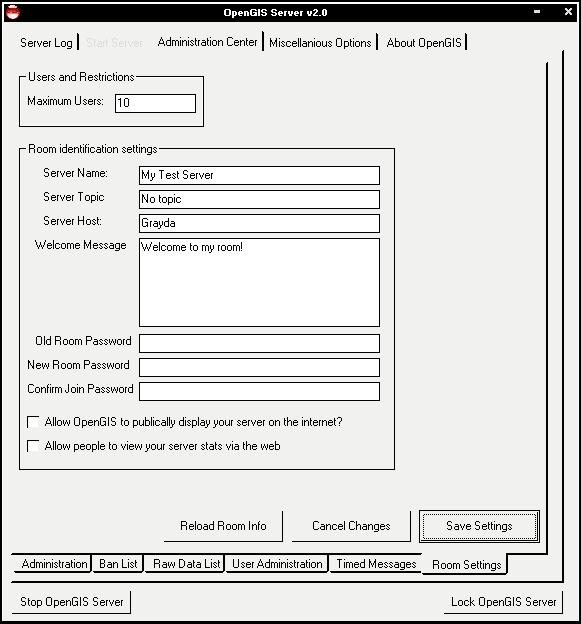 A server administration panel showing user limits, host settings and password fields